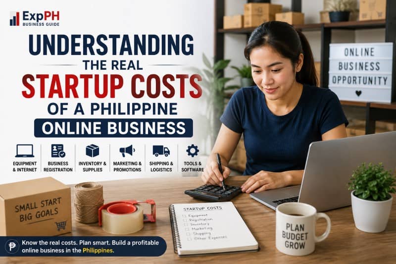A Filipino entrepreneur using a calculator and laptop at a home office desk with packaging supplies.