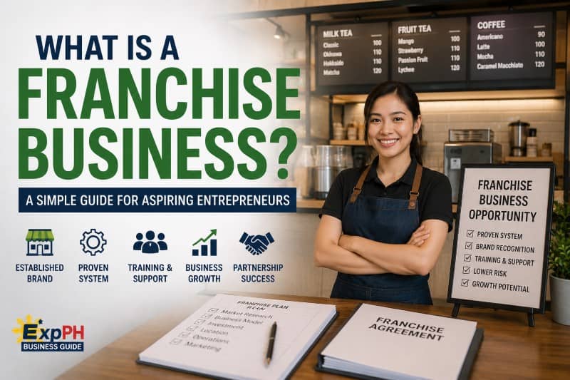 Filipino franchise business owner standing inside a modern milk tea and coffee shop explaining franchise business opportunities in the Philippines