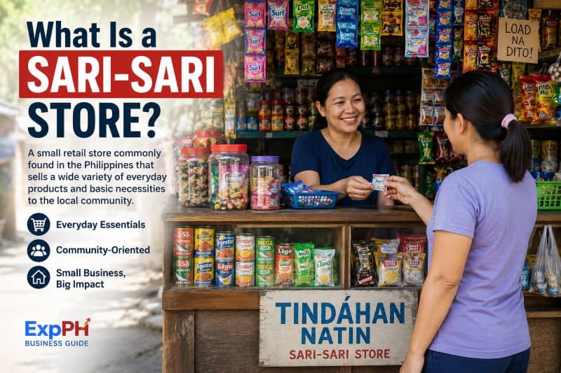 Realistic Filipino sari-sari store with shop owner serving customer inside a neighborhood convenience store featuring ExpPH Business Guide logo