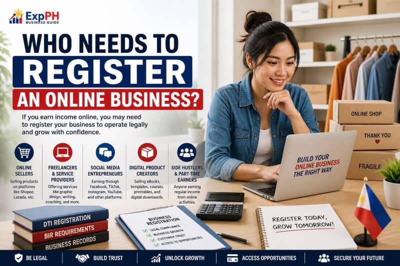 Filipino online seller working on laptop with boxes and documents showing who needs to register an online business in the Philippines