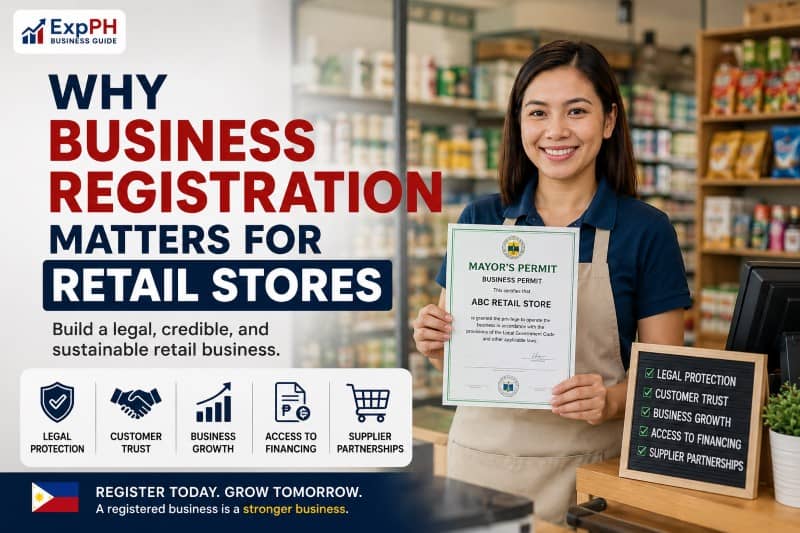 Filipino retail store owner holding a business permit inside a registered retail shop in the Philippines