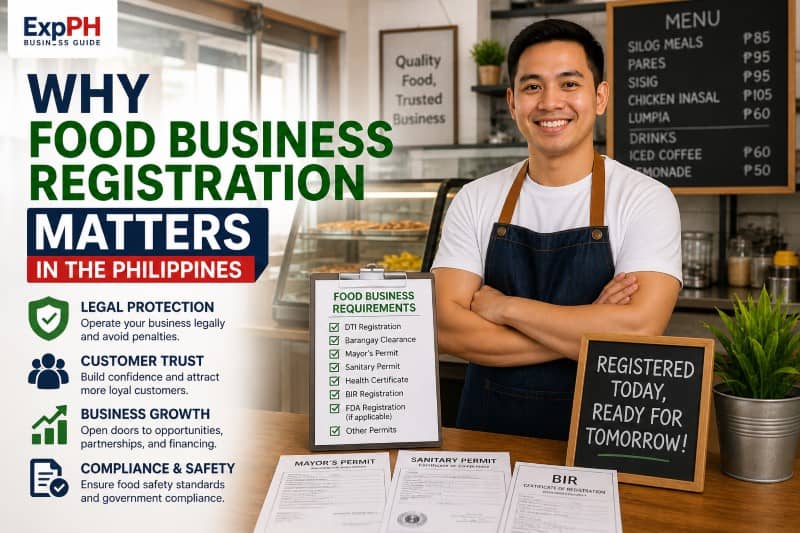 Filipino food business owner showing food business registration Philippines benefits including legal protection customer trust compliance and growth in a modern café setting