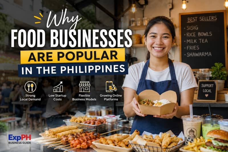 Filipino food business owner serving meals at a local food stall in the Philippines with business growth icons and ExpPH Business Guide branding