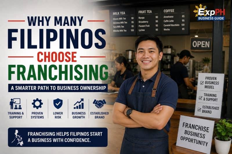 Filipino franchise business owner standing inside a modern café while explaining the benefits of franchising in the Philippines