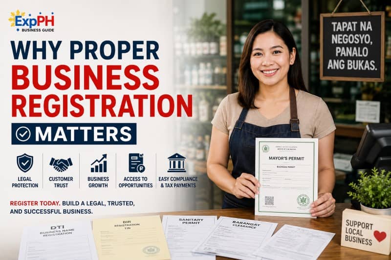 Filipino business owner holding a Mayor’s Permit inside a registered small business establishment in the Philippines