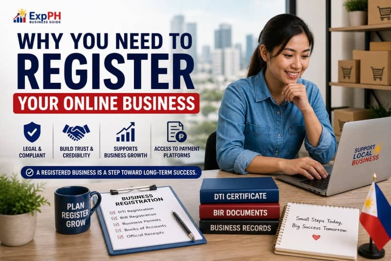 Filipino entrepreneur registering online business with laptop and documents showing benefits like legal compliance, credibility, and business growth