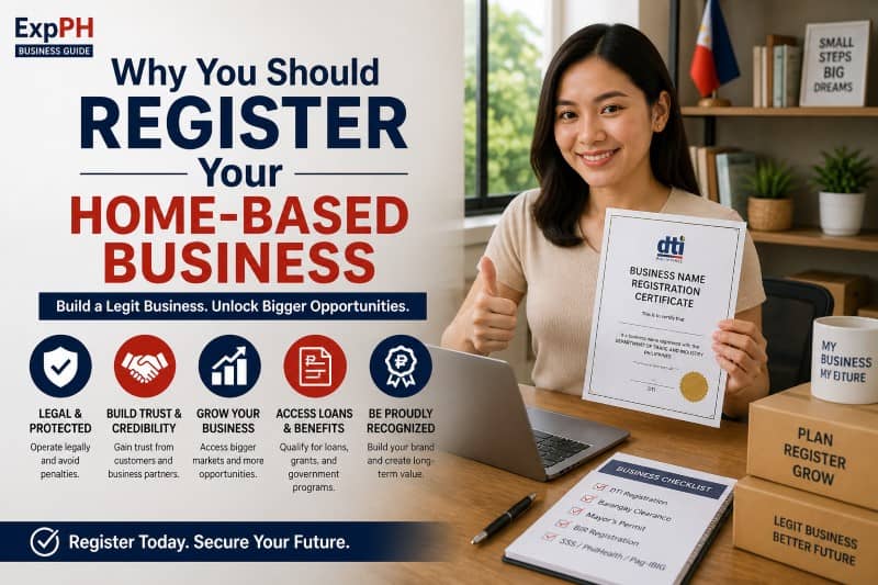 Filipino entrepreneur holding business registration certificate in a home office, highlighting benefits of registering a home-based business in the Philippines