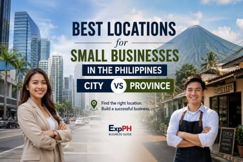 Filipino entrepreneurs comparing city and provincial business locations in the Philippines, featuring an urban business district and a provincial commercial area with the ExpPH Business Guide logo.