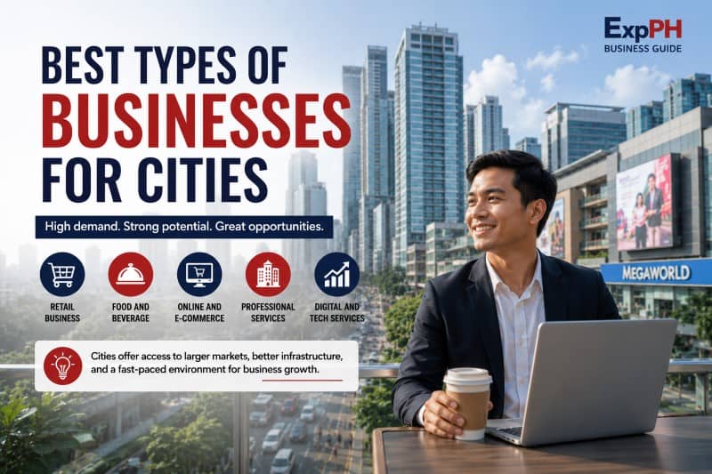 Filipino entrepreneur working on a laptop in a modern city business district, representing profitable urban business opportunities such as retail, food services, e-commerce, and professional services.