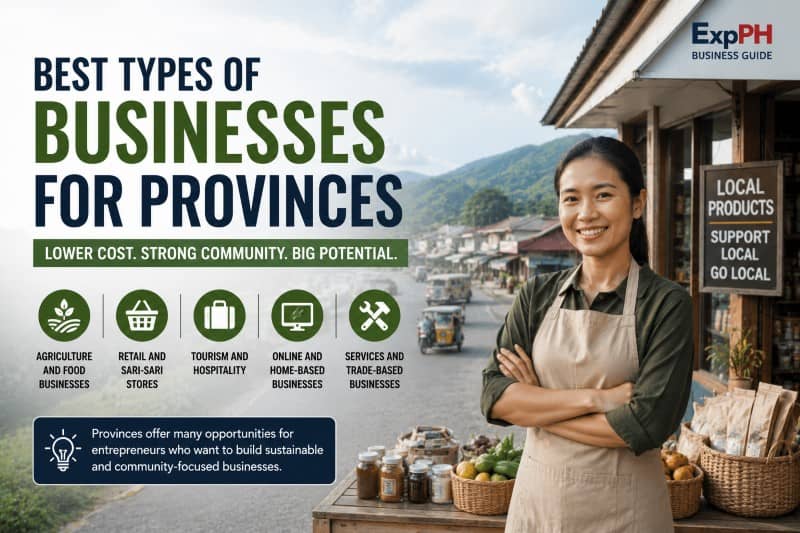 Filipino entrepreneur standing outside a local provincial store, showcasing profitable business opportunities such as agriculture, retail, tourism, home-based businesses, and local services in the Philippines.
