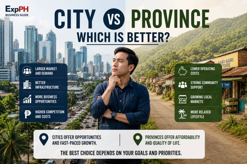 Entrepreneur comparing city and provincial living in the Philippines, standing between a modern urban skyline and a rural community with local businesses and natural scenery.
