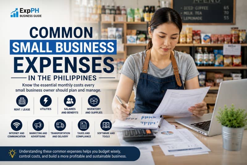 A Filipino small business owner sitting inside their retail store, carefully reviewing financial documents and expense reports.