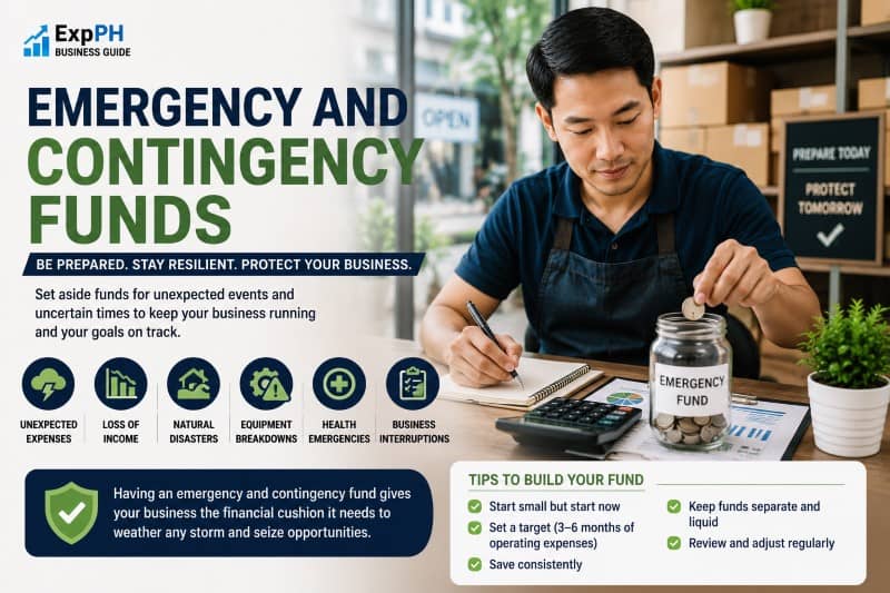 A Filipino small business owner reviewing their financial records and setting aside cash for an emergency fund.