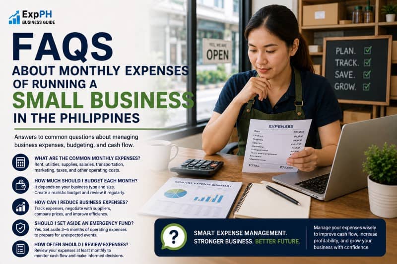 A Filipino small business owner sitting at a desk, reviewing budget documents to track small business expenses in the Philippines.