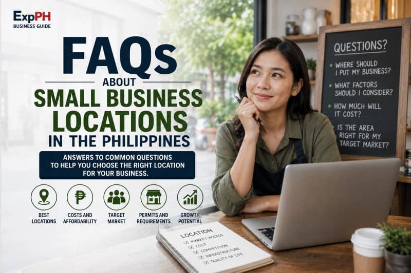 Filipino entrepreneur researching the Best Small Business Locations in the Philippines on a laptop while reviewing business costs, permits, market demand, and accessibility for informed decision-making.