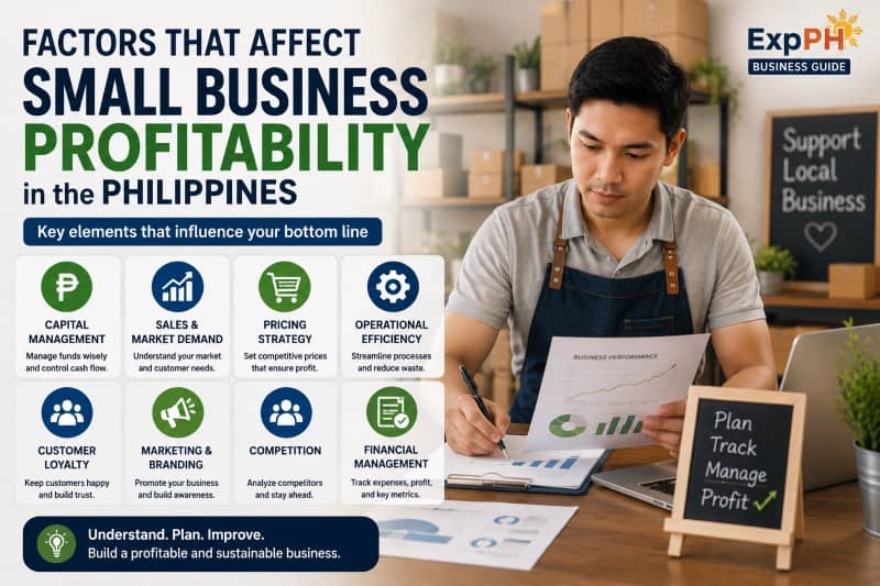 Filipino small business owner reviewing financial reports and profitability factors including capital, marketing, competition, and financial management in the Philippines.