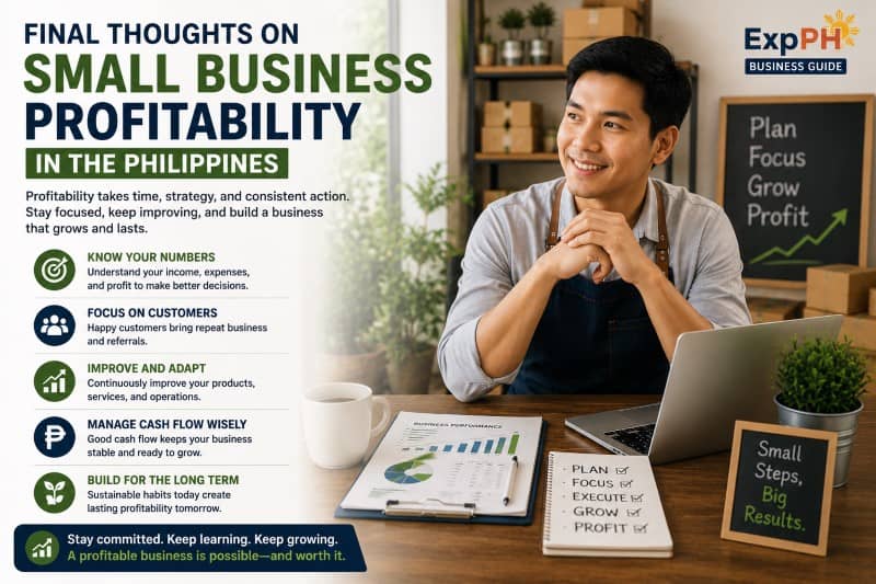 Successful Filipino entrepreneur reviewing business growth reports and profitability results after achieving sustainable business growth in the Philippines.