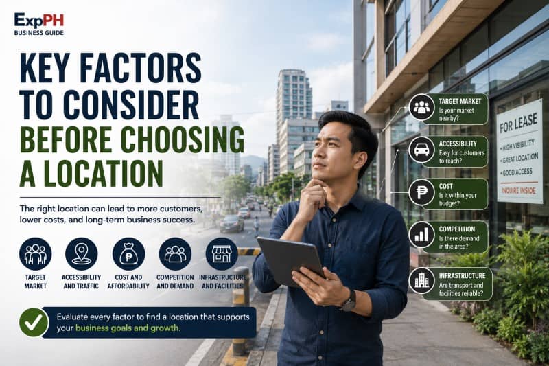 Filipino entrepreneur evaluating a potential business location in a commercial district, considering factors such as market demand, accessibility, cost, competition, and infrastructure.