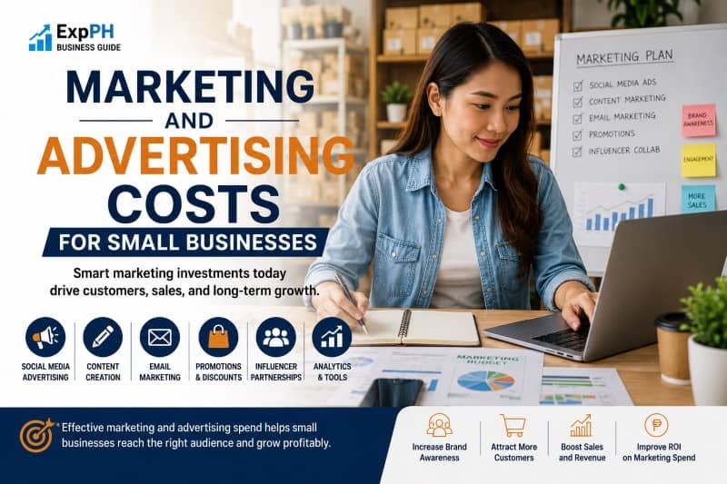 A Filipino small business owner sitting at a laptop, carefully reviewing marketing budgets and campaign strategies.