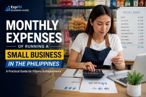 Filipino small business owner calculating monthly business expenses with receipts, calculator, laptop, and budget plan in a Philippine store setting.