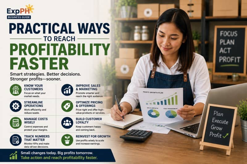 Filipino entrepreneur using business growth strategies, financial planning tools, and performance tracking to reach profitability faster in a small business.