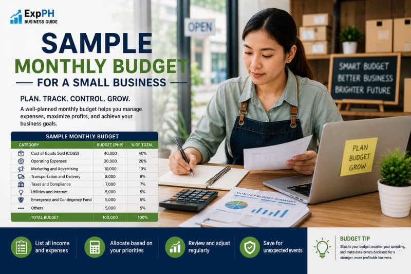 A Filipino small business owner sitting at a desk, using a calculator and financial reports to map out their monthly budget.
