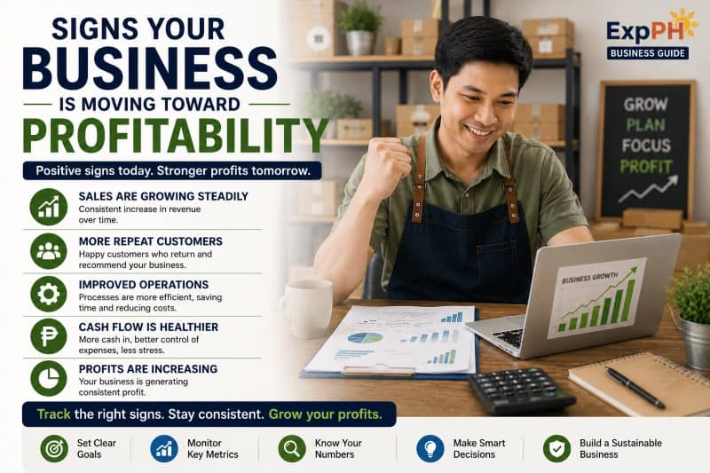 Filipino small business owner reviewing business growth reports and profitability indicators such as increasing sales, healthy cash flow, and rising profits.