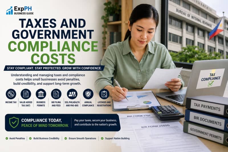 A Filipino small business owner sitting at a desk, carefully organizing tax documents and official business permits.