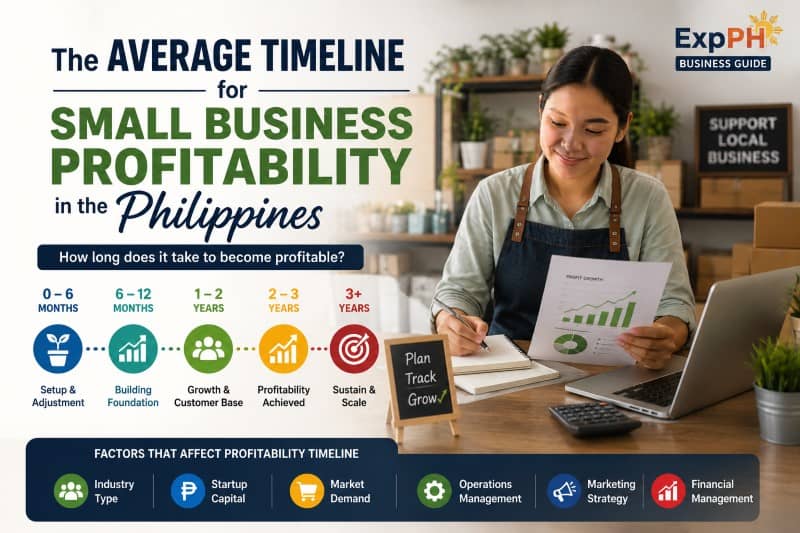 Filipino small business owner reviewing profit growth reports with a timeline showing the stages of business profitability in the Philippines.