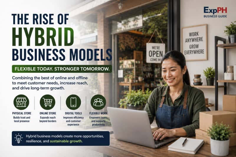 Filipino entrepreneur managing a hybrid business using a laptop inside a local shop, representing the combination of online and offline business operations in the Philippines.