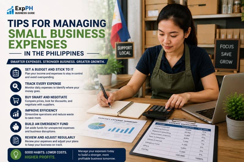 A Filipino small business owner using a laptop and calculator to track their daily expenses and manage the monthly budget.