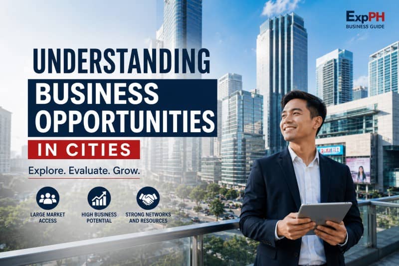 Young Filipino entrepreneur standing in a modern city business district, highlighting urban business opportunities, market access, and growth potential in the Philippines.
