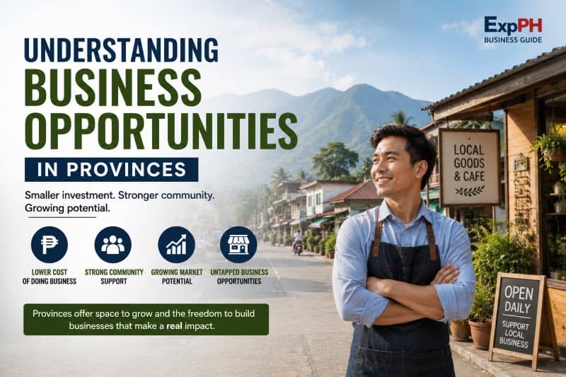 Filipino small business owner standing outside a local shop in a provincial town, highlighting business opportunities, community support, and market growth in the Philippines.