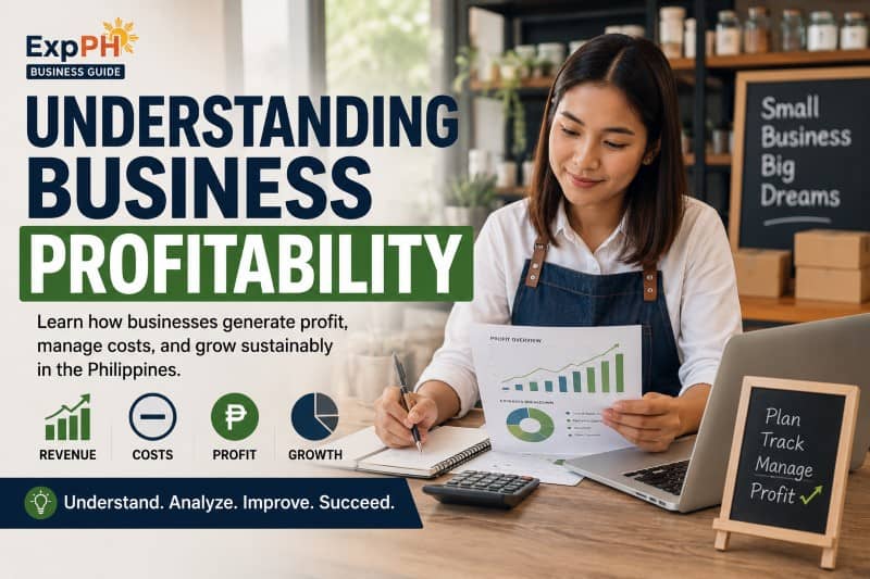 Filipino entrepreneur reviewing profit reports and business performance metrics while learning about business profitability in a modern workspace.