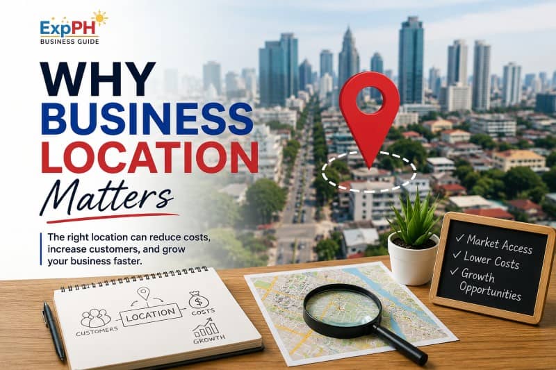 Business owner analyzing a location map with a Philippine city skyline in the background, illustrating why business location matters for growth, costs, and customer access.