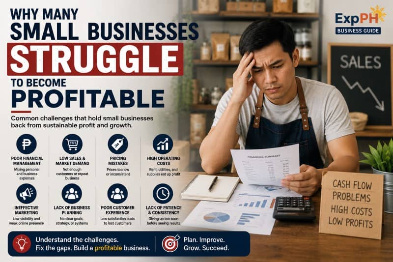 Filipino small business owner reviewing financial reports while facing profitability challenges such as low sales, high costs, poor cash flow, and business planning issues.