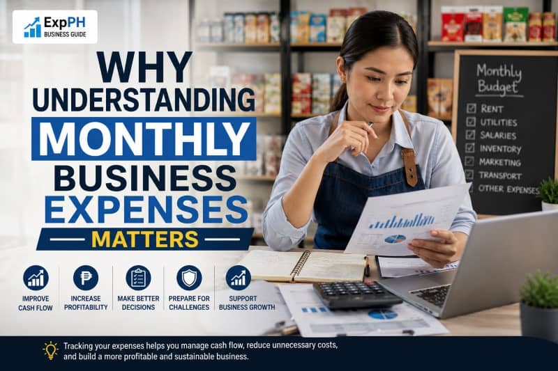 A Filipino small business owner inside their retail shop, carefully reviewing monthly financial reports and expense records.