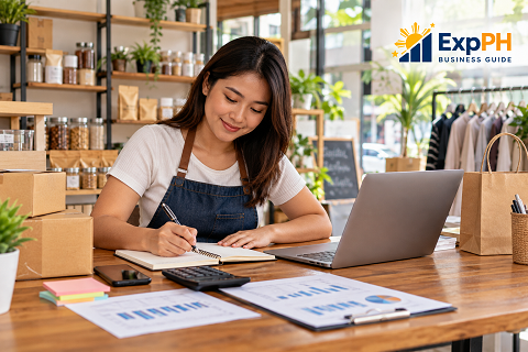 Simple guide to start a small business in the Philippines, featuring a Filipina entrepreneur planning her business with a laptop, notebook, calculator, and products.